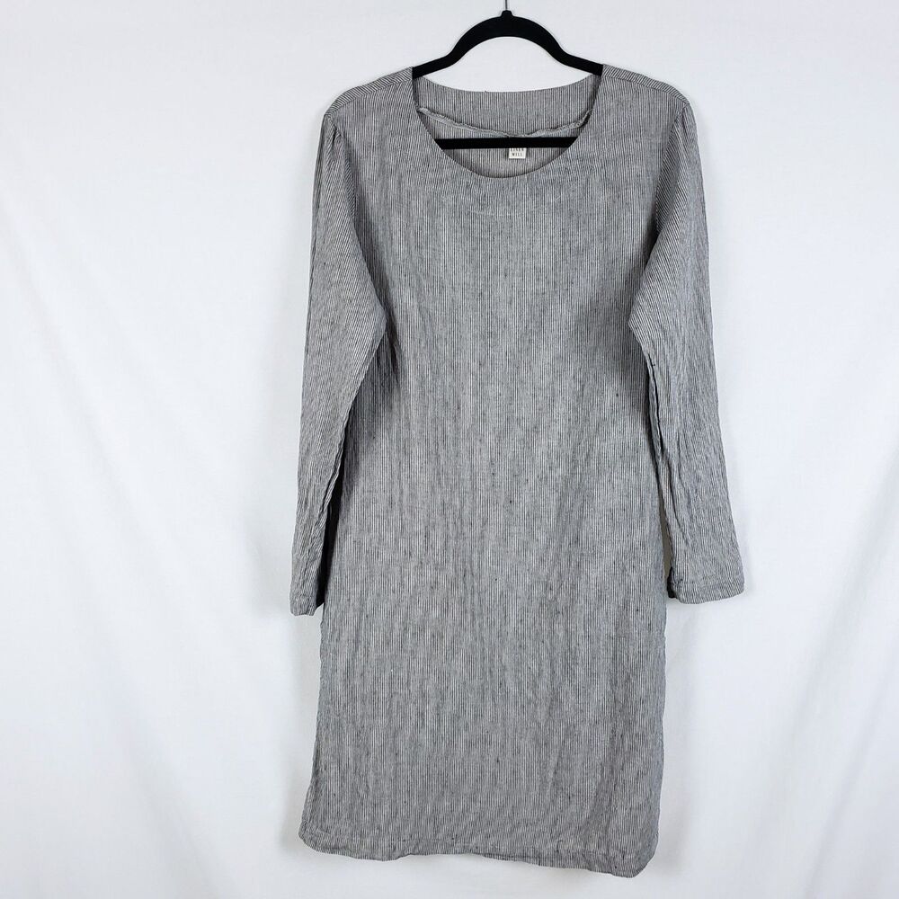 Old Linen Mill Minimalist Striped Linen Dress Womens XS/S Gray Rustic Natural